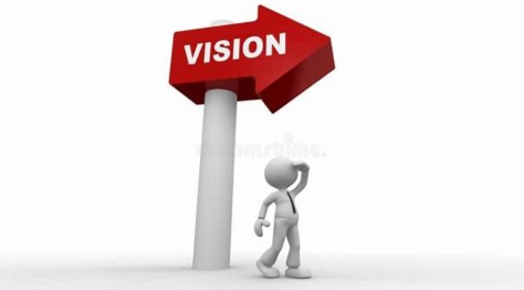 3D figure looking up at a red arrow sign labeled 'VISION'.
